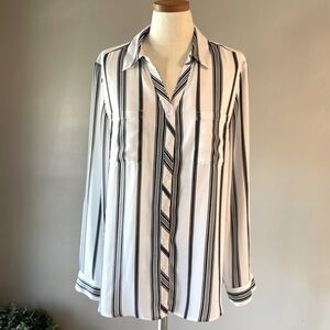 RELATIVITY women’s black white striped button down blouse / top / tunic size L